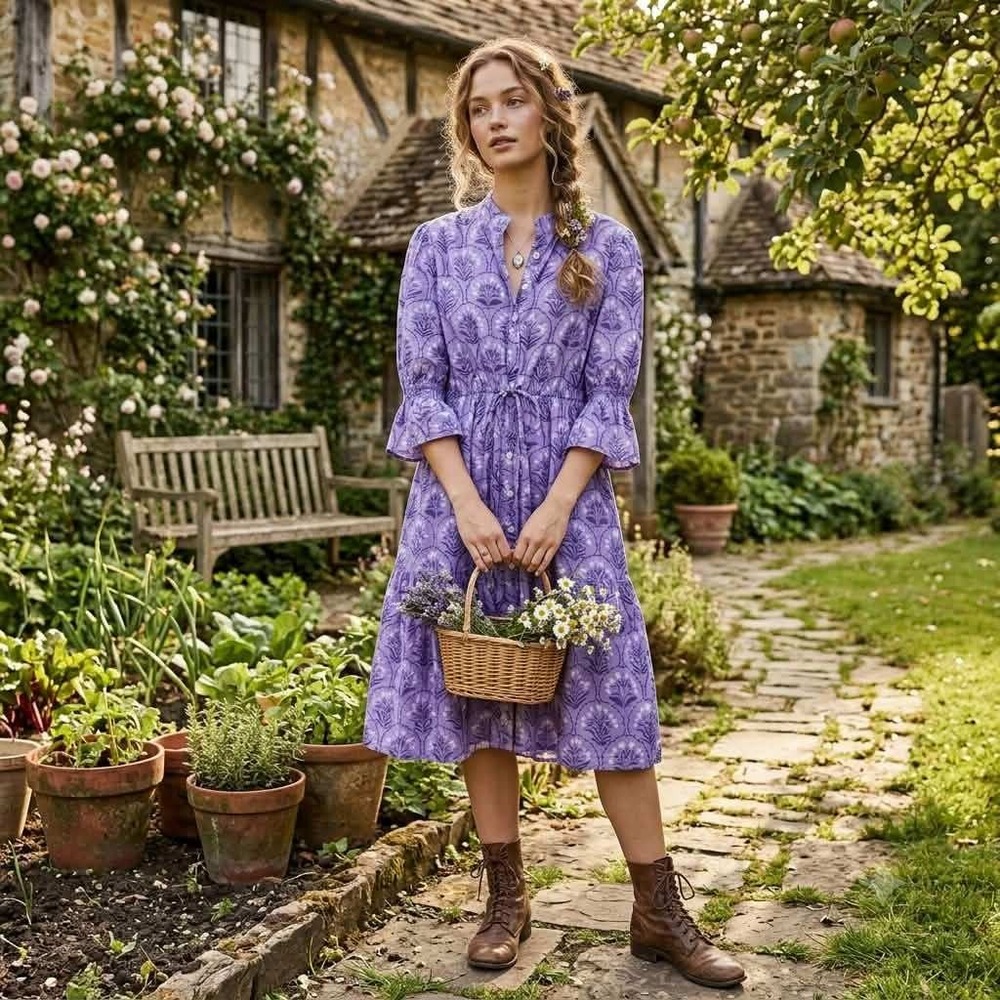 Marigold Purple Floral Tiered Midi Dress Small 100% Cotton Cottagecore Boho